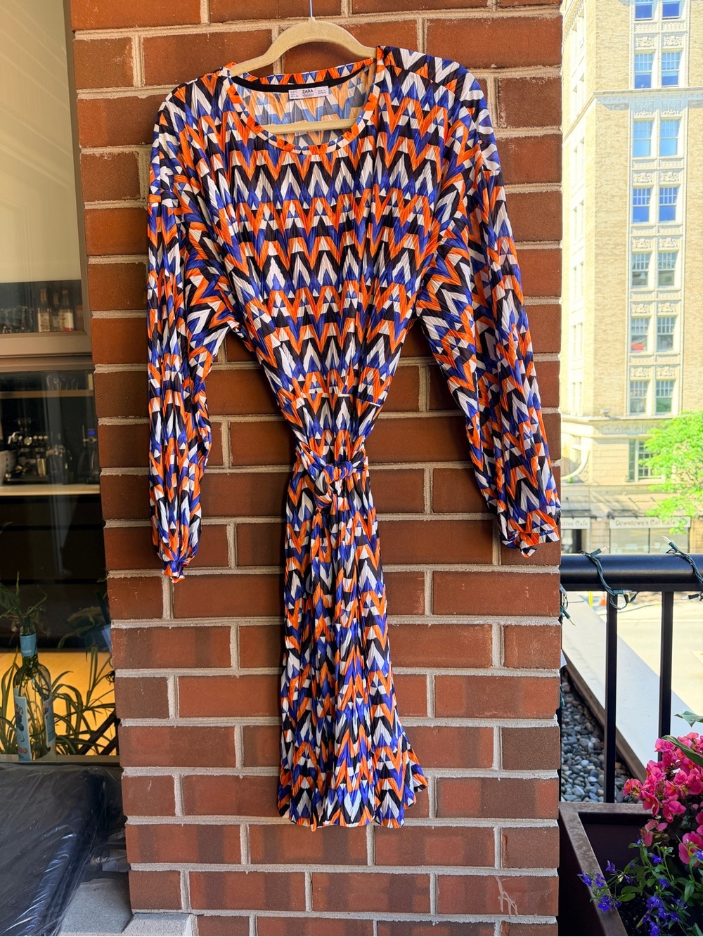 Zara Orange, Blue & White Geometric Long Sleeve Dress EUC Large